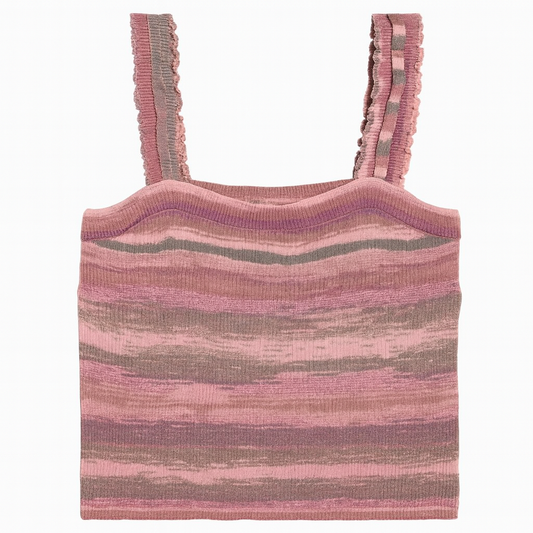 [795]MM Women's 2025 New Striped Lightweight Short-Length Knit Top with Ruffled Edges, Stylish Slim-Fit for Summer