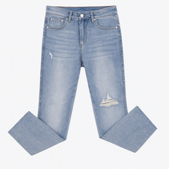 [383]MM  Tech Fabric Pants for Petite Women - 8-inch High Waist Denim Jeans, Slimming 7-inch Slim Straight Ripped Pipe Pants