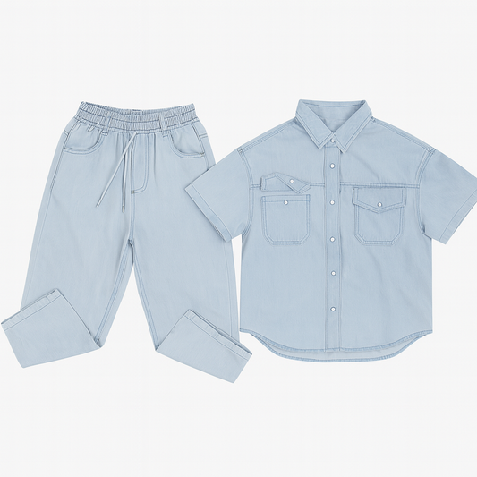 [762]MM  South Korean Kids' Tencel Denim Lightweight Set 2025 New Collection Boys' Summer Short-Sleeve Shirts and Straight-Leg Pants