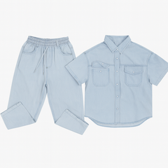 [762]MM  South Korean Kids' Tencel Denim Lightweight Set 2025 New Collection Boys' Summer Short-Sleeve Shirts and Straight-Leg Pants