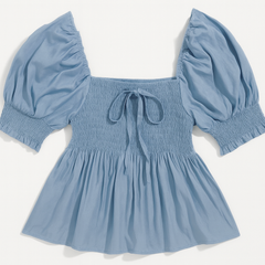 [051]MM  Women's Summer Outfit: Korean Style Square Neck Puffed Sleeve Shirt and Wide-Leg Pants Two-Piece Set, Youthful and Stylish