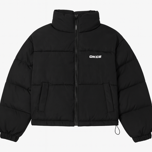 [909]GM  OKCEY LAB Kendall Style Short-Length Down Jacket with Embroidery, Stylish Winter Thick Warm Outerwear with Stand-Up Collar Puffer Jacket