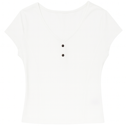 [918]MM  Designer-style V-neck exposing collarbone straight shoulder short sleeves women's 2025 summer new arrival unique fishbone slimming short-length top