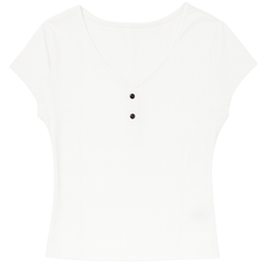 [918]MM  Designer-style V-neck exposing collarbone straight shoulder short sleeves women's 2025 summer new arrival unique fishbone slimming short-length top