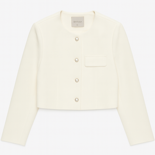 [834]GM   Shangdubila White Chanel Style Women's 2025 Spring New Arrival Round Neck Short Cardigan Office Wear Straight Shoulder Top