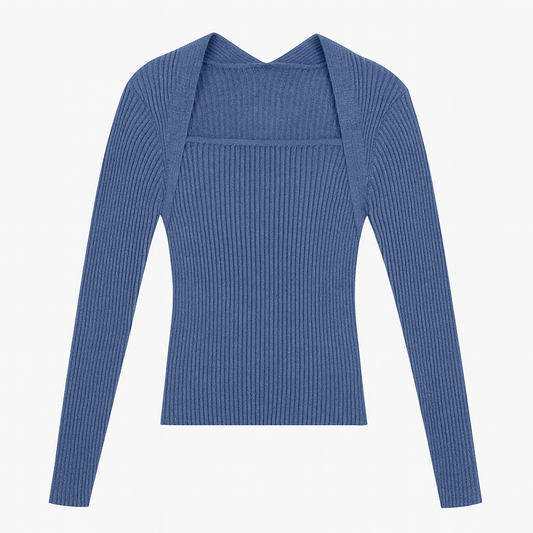 [305]MM Spring French Chic Long Sleeve Square Neck Base Layer Women's Trendy Knit Sweater with Unique Design Short Style