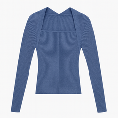 [305]MM Spring French Chic Long Sleeve Square Neck Base Layer Women's Trendy Knit Sweater with Unique Design Short Style