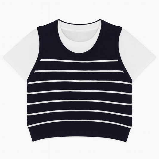 [666]MM Meizi Shule Fake Two-Piece Knit Vest T-Shirt Women's Spring Summer Korean Style Instagram Round Neck Stripe Short Sleeve Top