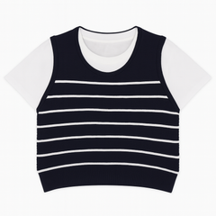 [666]MM Meizi Shule Fake Two-Piece Knit Vest T-Shirt Women's Spring Summer Korean Style Instagram Round Neck Stripe Short Sleeve Top