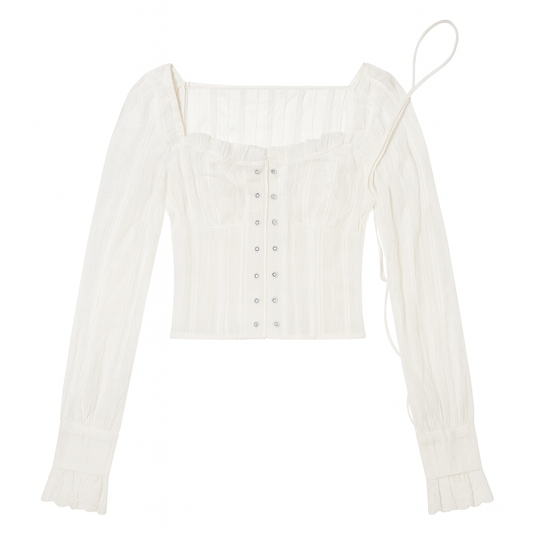 [010]MM French High-End White Straps One-Shoulder Long-Sleeve Women's Spring and Autumn Slimming Waist-Tightening Short Top