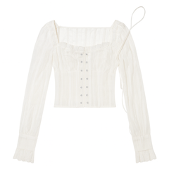 [010]MM French High-End White Straps One-Shoulder Long-Sleeve Women's Spring and Autumn Slimming Waist-Tightening Short Top