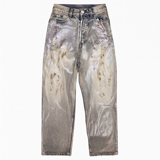 [810]MM Nanyou Quality AC Style Pearlescent Rainbow Mud-Dyed Distressed Unisex Loose Wide-Leg Jeans