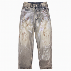 [810]MM Nanyou Quality AC Style Pearlescent Rainbow Mud-Dyed Distressed Unisex Loose Wide-Leg Jeans