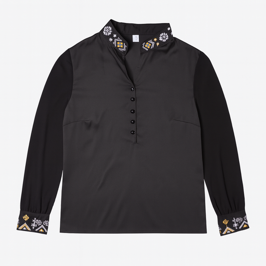 [681]MM  2025 Spring New Chinese Style Black Long Sleeve Stand-up Collar Embroidery Chiffon Shirt Women's Top