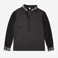[681]MM  2025 Spring New Chinese Style Black Long Sleeve Stand-up Collar Embroidery Chiffon Shirt Women's Top