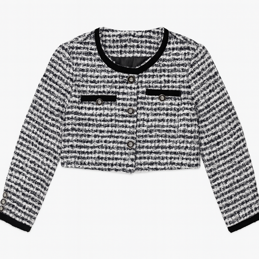 [846]MM  FFmiss¡ôSingle-Breasted Wool Tweed Striped Knit Short Jacket Women's Chanel-Style Petite Stylish Cardigan