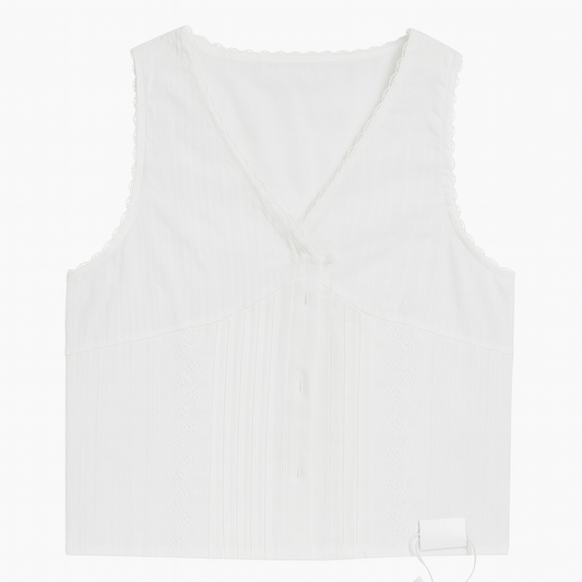 [189]MM  French White Lace Trim Sleeveless Vest for Women Summer Slimming Sexy Style V-Neck Short-Length Top