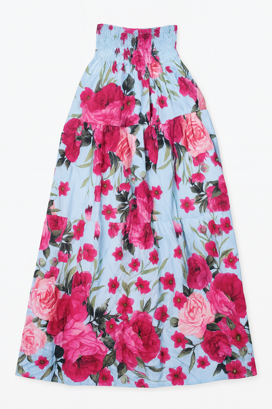 [590]MM  European and American vacation style printed puff sleeves short-length slimming strapless top + high-waisted slimming ruffled skirt set