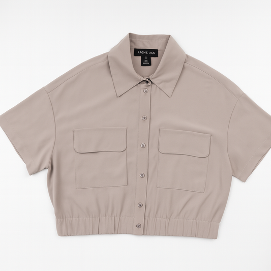 [657]MM  Women's Spring and Summer Stand-up Collar Short Sleeve Shirt with Double Pockets Loose Fit Casual Fashionable Versatile Top