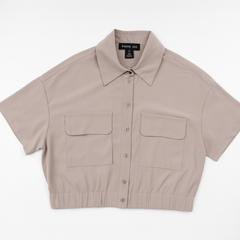 [657]MM  Women's Spring and Summer Stand-up Collar Short Sleeve Shirt with Double Pockets Loose Fit Casual Fashionable Versatile Top