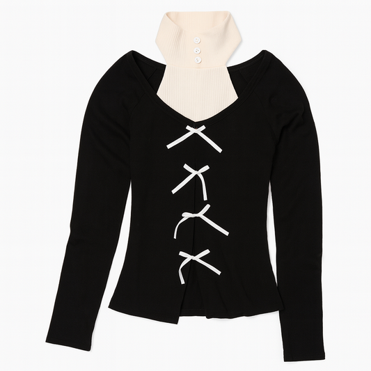 [857]MM  Women's Autumn Patchwork Bow Knit Top with Slim Fit Design, Double-Layered Inner Layer Base Top