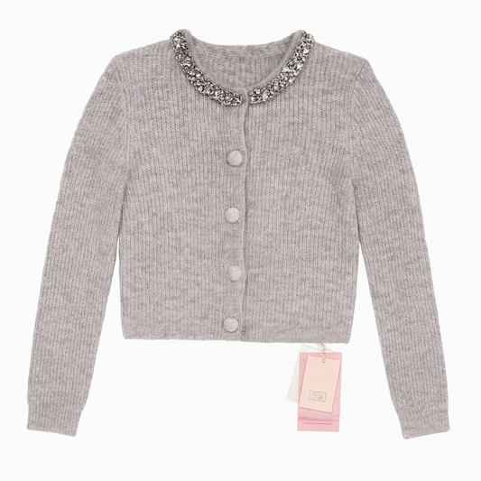 [459]MM  MandyZhang Suli Alpaca Wool Round Neck Knit Cardigan with Pearl and Diamond Embellishments, Women's High-End Short Sweater