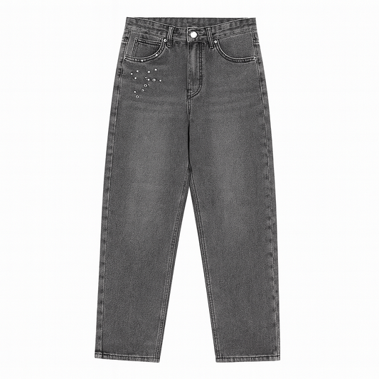 [313]MM  Don Cry American Rivet Washed Gray Jeans Unisex Vintage Distressed Street Straight Leg Pants Tomboy Trendy