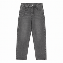 [313]MM  Don Cry American Rivet Washed Gray Jeans Unisex Vintage Distressed Street Straight Leg Pants Tomboy Trendy