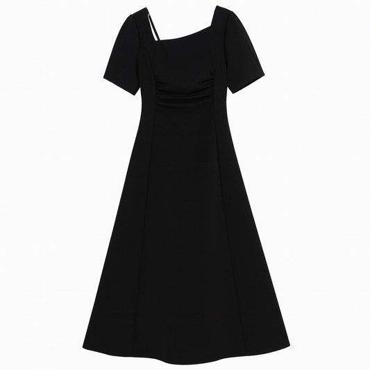 [190]GM    Dushu Plus Size Women's Designer Cut-Out Square Neck Pleated Dress 2025 Summer New Arrival Black Mid-Length Dress