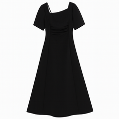 [190]GM    Dushu Plus Size Women's Designer Cut-Out Square Neck Pleated Dress 2025 Summer New Arrival Black Mid-Length Dress
