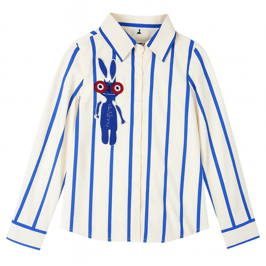 [779]GM   Retro Cartoon Embroidery Stripe Women's Autumn/Winter Designer Niche Casual Loose Versatile Polo Shirt