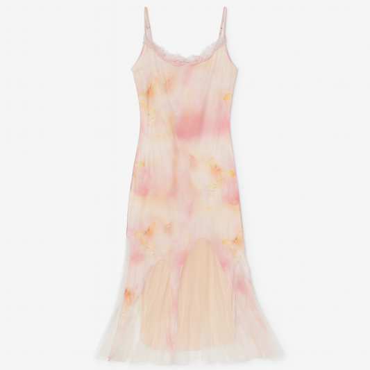 [537]GM    French Pink Floral Print Netting Halter Dress for Women, Summer Beach Vacation Body-Hugging Pencil Fit Mermaid Dress