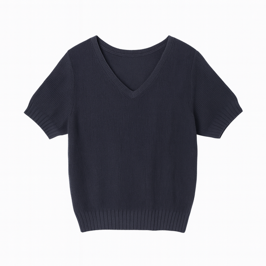 [964]MM  Summer Solid Color Short Sleeve Knit Top for Women Loose Fit Three-Quarter Sleeves Mom Style Stylish Blouse Elegant V-Neck Top