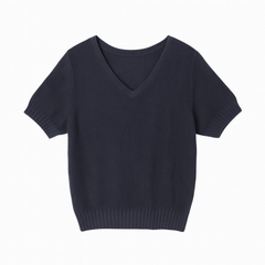 [964]MM  Summer Solid Color Short Sleeve Knit Top for Women Loose Fit Three-Quarter Sleeves Mom Style Stylish Blouse Elegant V-Neck Top