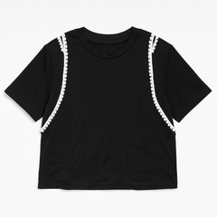 [339]MM  2025 Summer New Elegant French Shoulder-Baring Openwork Design Black Short-Sleeve T-Shirt and Split Skirt Set for Women