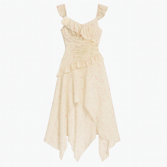 [716]MM  Women's Summer Irregular Floral Pattern V-Neck Cap Sleeve Beach Vacation Style French Waist-Cinching Slimming Fairy Long Dress