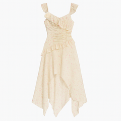 [716]MM  Women's Summer Irregular Floral Pattern V-Neck Cap Sleeve Beach Vacation Style French Waist-Cinching Slimming Fairy Long Dress