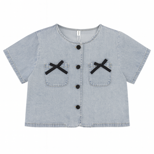 [610]MM Korean Round Neck Bow Denim Short Sleeve Women's Summer New Large Size Plus Size Curvy Unique Beautiful Short Top