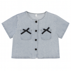 [610]MM Korean Round Neck Bow Denim Short Sleeve Women's Summer New Large Size Plus Size Curvy Unique Beautiful Short Top