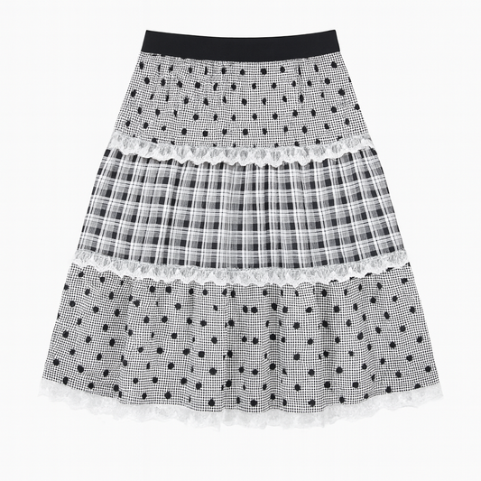 [174]GM  Sweet Multi-Layered Lace Checkered Polka Dot Cake Skirt for Women Spring Japanese Style High-Waisted A-Line Mid-Length Skirt
