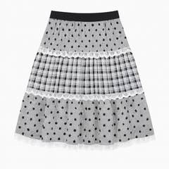 [174]GM  Sweet Multi-Layered Lace Checkered Polka Dot Cake Skirt for Women Spring Japanese Style High-Waisted A-Line Mid-Length Skirt