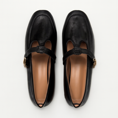 [334J]M French Vintage Mary Jane Women's Shoes 2025 Spring and Autumn Collection Brown Full-Grain Leather T-Strap Thick Heel Medium Heel Small Leather Shoes