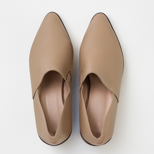 [566J]M Women's Soft Leather Medium Heel Deep Toe Shoes Summer Thick Heel Spring and Autumn Pointed Toe Beige Single Shoes Women's Petite Leather Slip-On Shoes