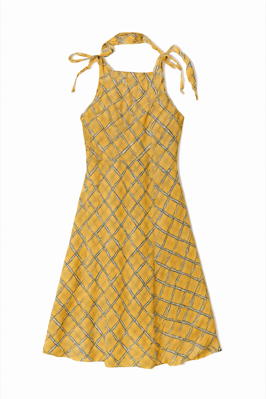 [609]GM  Weekendhub Yellow Checkered Dress French Sheer Slimming Women 2025 New Long Dress Slimming Dress