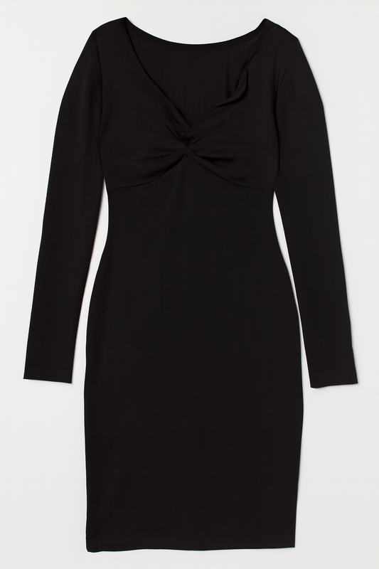 [452]GM  Black Asymmetrical Tailored V-Neck Dress Women's Autumn French Elegance Shoulder-Baring Long Sleeves Inner Layer Bodycon Skirt