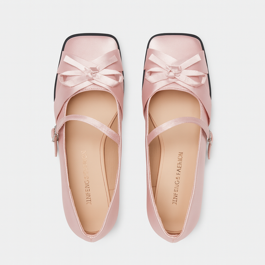 [429]NM Women's 2025 Spring and Autumn New Collection Thick Heel Satin Bow Square Toe Mary Jane Shoes Horseshoe Heel High Heel Shoes