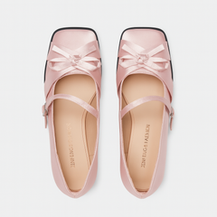 [429]NM Women's 2025 Spring and Autumn New Collection Thick Heel Satin Bow Square Toe Mary Jane Shoes Horseshoe Heel High Heel Shoes