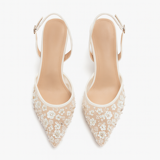[095]NM Women's 2025 Summer New Arrival White Flower Bridal Stiletto Heels Pointed Toe Mesh Lace High Heels Closed Toes Sandals