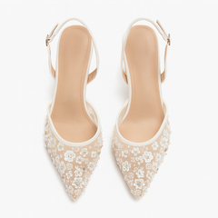 [095]NM Women's 2025 Summer New Arrival White Flower Bridal Stiletto Heels Pointed Toe Mesh Lace High Heels Closed Toes Sandals