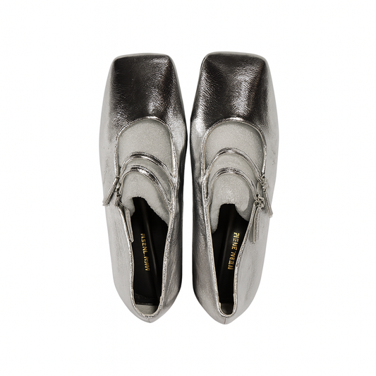 [493]NM Women's Genuine Leather Cross-Strap Open Toe Flat Ballet Shoes Vintage French Silver Mary Jane Shoes